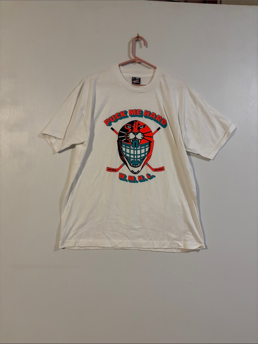 Fruit of the Loom White Short-Sleeve Graphic Tee with Red and Teal Hockey Design